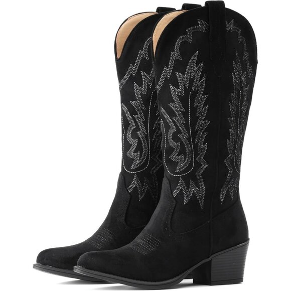 Shoes - Women Black Chunky Heel Pointed Toe Cowgirl Mid Calf Embroidery Western Boots